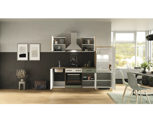 Kompaktní kuchyně s dřezem, troubou, digestoří a lednicí ve světlé místnosti