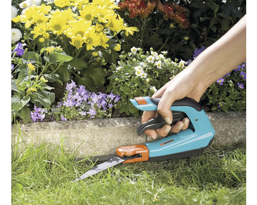 Zahradní nůžky na stříhání okrajů trávníku v blízkosti květinového záhonu