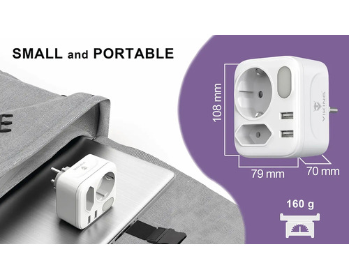 Rozbočka se dvěma USB porty, zásuvkou a funkcí nočního světla o rozměrech 108 mm na výšku, 79 mm na šířku a 70 mm do hloubky a hmotnosti 160 gramů