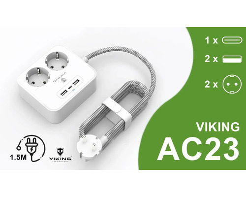 Napájecí lišta Viking AC23 se dvěma zásuvkami, dvěma porty USB, jedním portem USB-C a 1,5metrovým kabelem