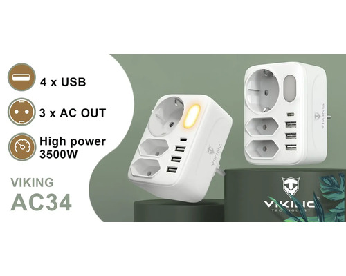 Bílá síťová redukce Viking se čtyřmi porty USB a třemi zásuvkami