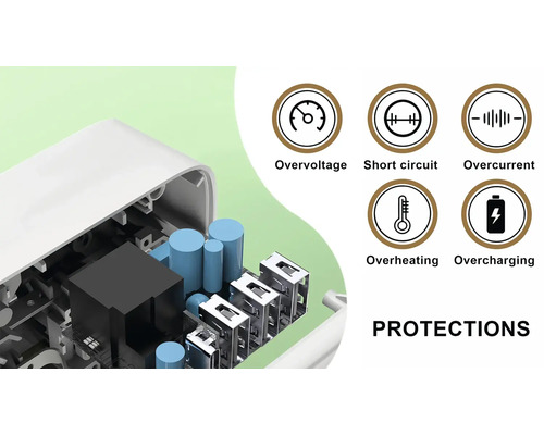 Ochranné funkce: přepětí, zkrat, nadproud, přehřátí, přebíjení