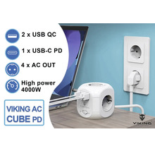 Napájecí kostka VIKING AC Cube PD s USB porty vedle notebooku a elektrické zásuvky