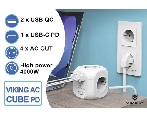 Napájecí kostka VIKING AC Cube PD s USB porty vedle notebooku a elektrické zásuvky