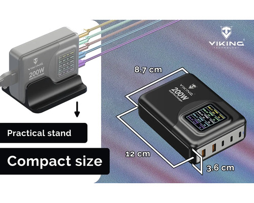 Nabíječka Viking 200 W s praktickým stojanem a kompaktními rozměry