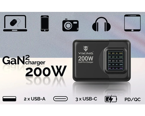 200 W GaN nabíječka s USB-A a USB-C porty