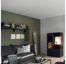 Obývací pokoj se stropními panely, pohovkou a kamny