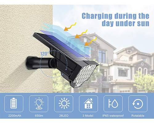 Solární lampa s 26 LED, 650 lumenů, baterie 2200mAh, vodotěsnost IP65 a otočná