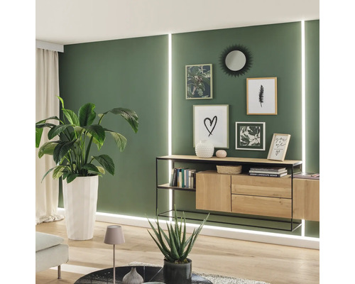 Obývací pokoj s příborníkem, pokojovými rostlinami a nástěnnou dekorací