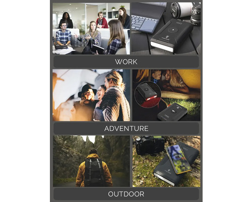 Koláž scén z práce, dobrodružství a outdoorových aktivit, které demonstrují všestrannost elektronického zařízení.