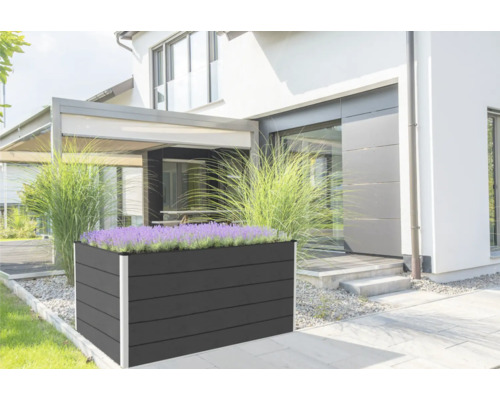 Velký obdélníkový dřevěný vyvýšený záhon s rostlinami před domem.