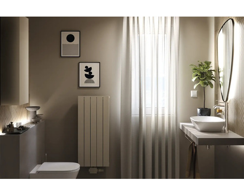 Moderní koupelna s umyvadlem, zrcadlem, radiátorem a dekoracemi