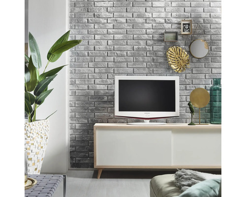 Obývací pokoj s televizí, komodou, pokojovou rostlinou a dekorací na cihlové zdi