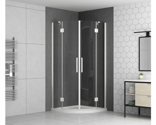 Sprchový kout s otočnými dveřmi a topný žebřík v koupelně.