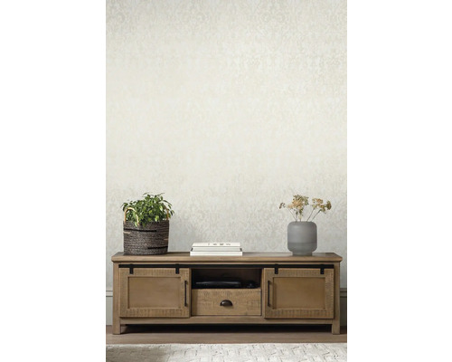 Obývací pokoj s vzorovanou tapetou a dřevěnou televizní skříňkou s posuvnými dveřmi