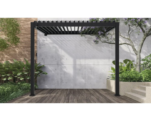 Pergola Mirador Classic tloušťka sloupku 11 x 11 cm 300x400x250 cm antracit Černá kovová pergola na terase v zahradě.