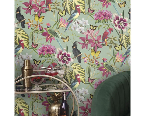 Tapeta s květinami, papoušky a motýly