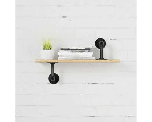 Nástěnná police s dřevěnou deskou a trubkovými upevněními