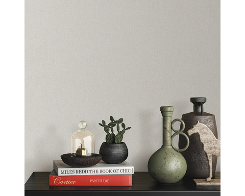 Dekorativní zátiší s knihami, rostlinami, vázami a dekorativními prvky na polici