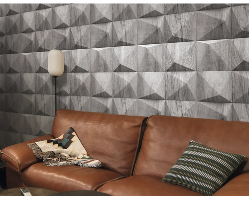 Obývací pokoj s hnědou koženou pohovkou a dřevěnými nástěnnými panely s trojrozměrným designem