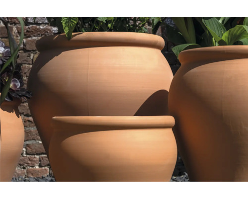 Terakotové květináče různých velikostí s rostlinami na zahradě.