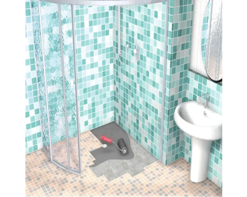 Koupelna se sprchovým koutem, umyvadlem a pracemi na potěru na podlaze