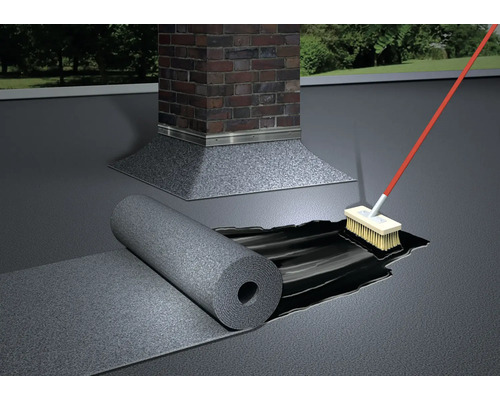 Scéna se střešní krytinou, rolí a koštětem poblíž komína.