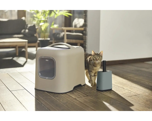 Kočka vedle kočičí toalety a odpadkového koše