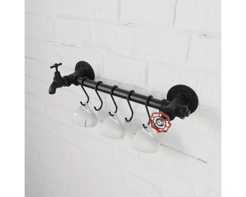 Nástěnný držák sklenic z černého kovu v industriálním stylu s designem vodovodního kohoutku a ventilu