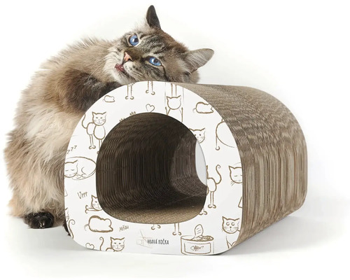 Kočka vedle škrabadla z lepenky s kočičími motivy