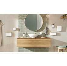 Koupelna s umyvadlem, zrcadlem, úložnými boxy, dávkovačem mýdla a kelímkem na zubní kartáčky