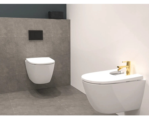 Moderní koupelna se závěsným hlubokým splachovacím záchodem a bidetem s vodovodní baterií