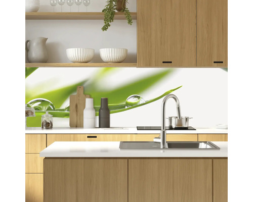 Kuchyňská scéna s umyvadlem, baterií a ochranou proti stříkající vodě s rostlinným motivem