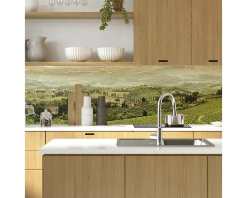 Kuchyňská scéna s dřezem, baterií a krajinným motivem jako ochrana proti stříkající vodě
