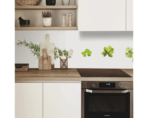 Kuchyňská scéna s nástěnnou dekorací z bylinek