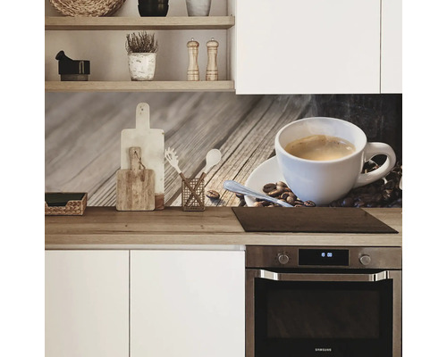 Kuchyňská zástěna s motivem šálku kávy a kávových zrn