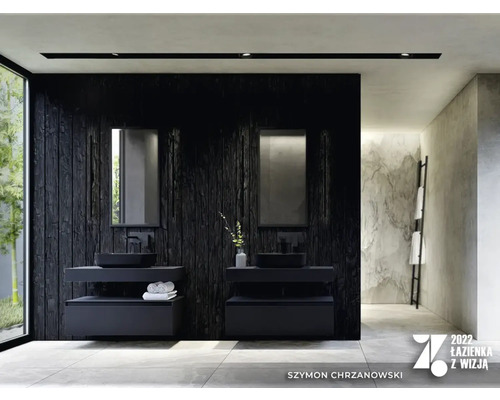 Koupelna se dvěma umyvadly, zrcadly a tmavým dřevěným obložením