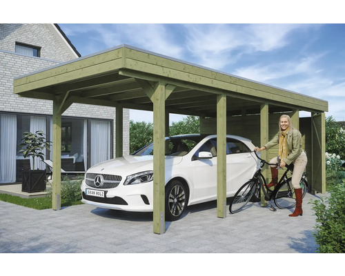 Dřevěný přístřešek pro auto s autem a kolem