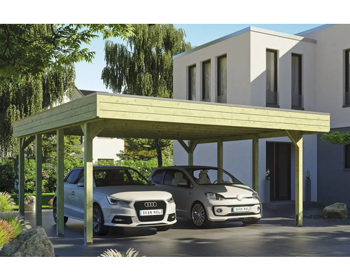 Dvojitý dřevěný carport se dvěma auty před ním