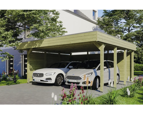 Dřevěný dvojitý přístřešek pro auto se dvěma zaparkovanými auty