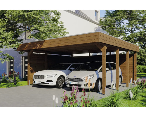 Dřevěný dvojitý přístřešek pro auto se dvěma zaparkovanými auty