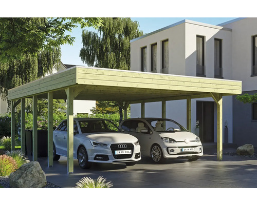 Dřevěný carport se dvěma zaparkovanými auty