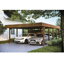 Přístřešek na auto SKAN HOLZ Friesland dvojitý 557 x 708 cm ořech vč. alu plechu a odkládacího prostoru