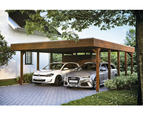 Dvojitý dřevěný carport se dvěma parkujícími auty