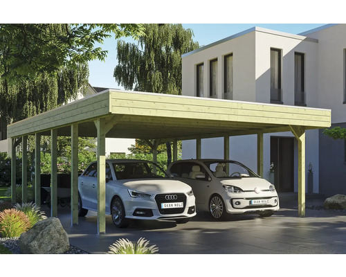 Dvojitý dřevěný přístřešek pro auto se dvěma zaparkovanými auty