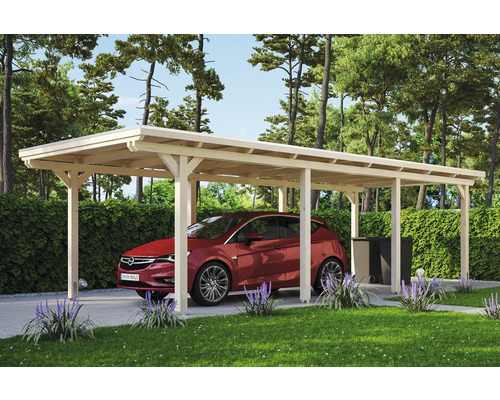 Přístřešek na auto SKAN HOLZ Emsland 354 x 846 cm přírodní vč. alu plechu Dřevěný přístřešek pro auto s autem pod ním na zahradě.