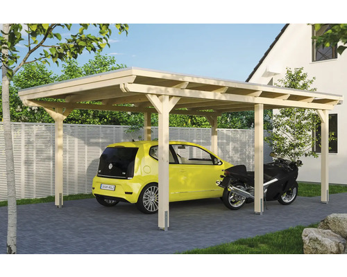 Přístřešek na auto SKAN HOLZ Emsland 404 x 604 cm přírodní vč. alu plechu Dřevěný přístřešek pro auto s autem a motocyklem