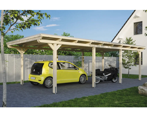 Přístřešek na auto SKAN HOLZ Emsland 404 x 846 cm přírodní vč. alu plechu Dřevěný dvojitý carport s autem a motorkou