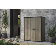 Zahradní skříň s designem dřeva a pes venku