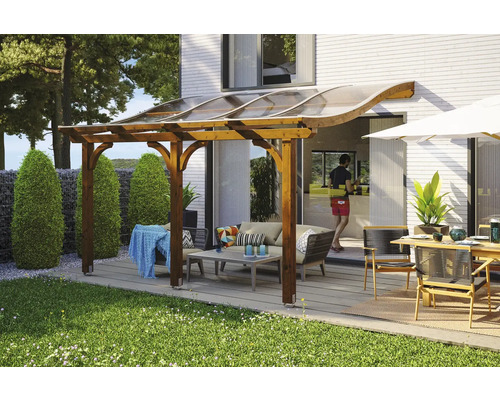 Zastřešení terasy SKAN HOLZ Venezia 434x389 cm, lepené lamelové dřevo ořech Terasa s dřevěnou pergolou a polykarbonátovou střechou pro venkovní použití se zahradním nábytkem